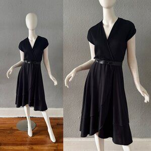 Vintage 70s Black Ribbed RUMOR'S Faux Wrap Fit & Flare Dress S